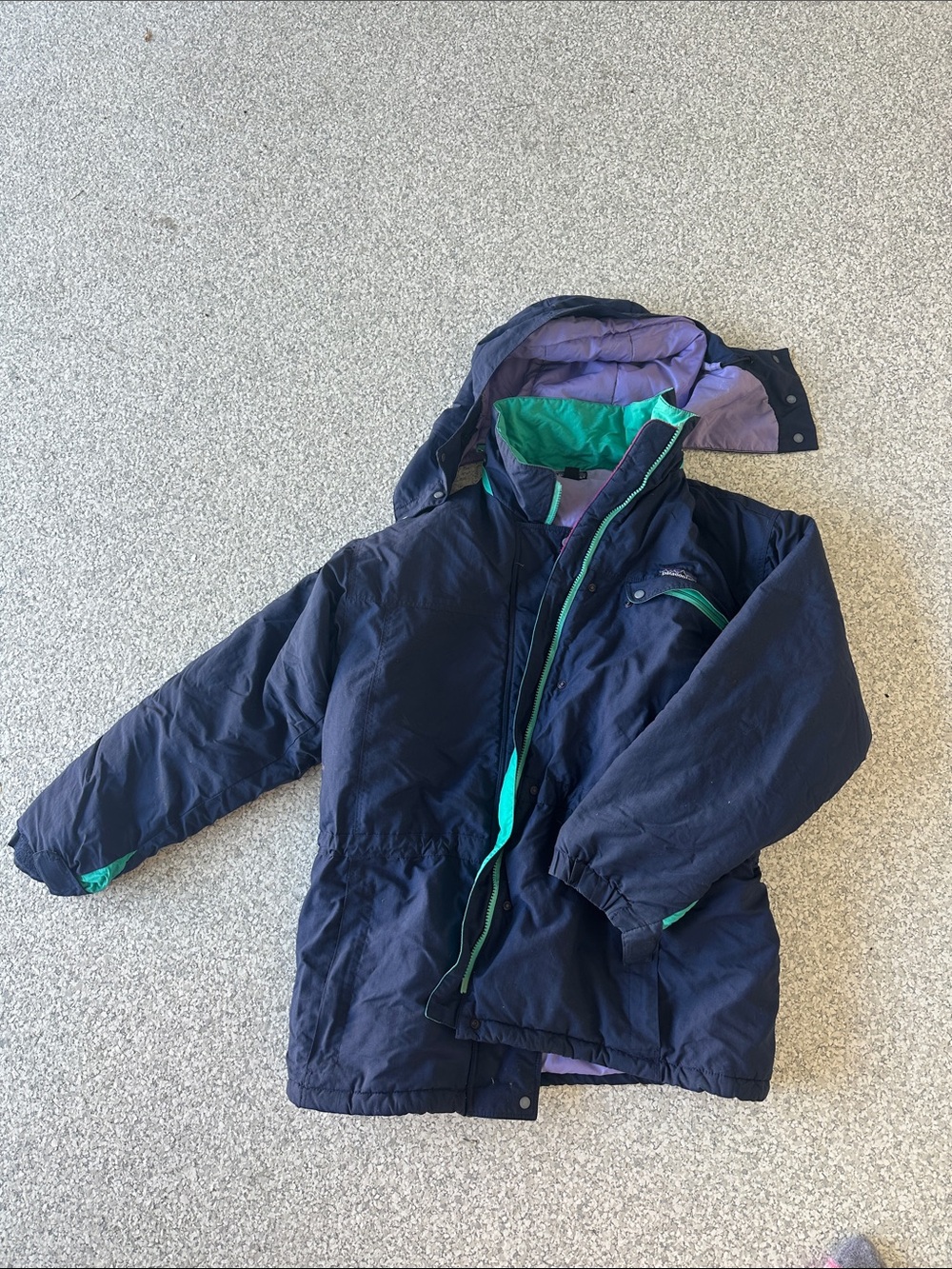 Patagonia Navy Blue Puffer Jacket with Green Trim